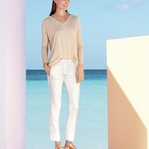 J Crew Wool blend lightweight sweater tipped side v-neck light brown tan beige